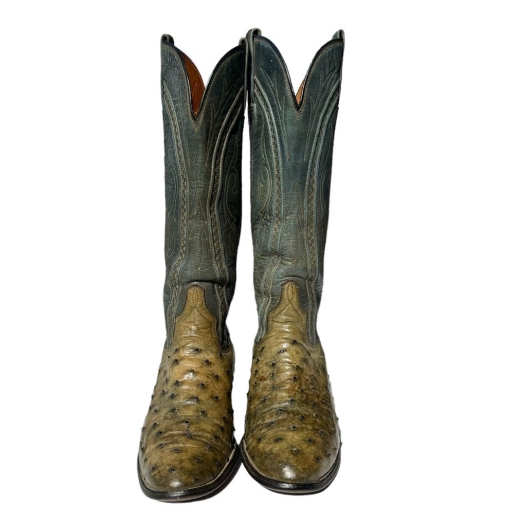 Lucchese Two-Tone Green Ostrich Heeled Cowboy Boots - Picture 4 of 14